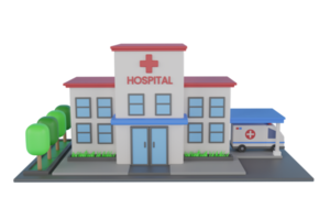 Krankenhaus Gebäude isoliert. Vorderseite Aussicht auf ein modern Krankenhaus Gebäude und Umgebung Bereich auf ein Stück von Boden, 3d Illustration png