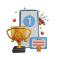 Online reward 3D icon. 3d Trophy cup on the mobile phone screen. esports trophy. customer promo surprise, virtual giveaway award. Online reward clipart png