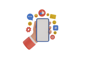 3d hand- Holding telefoon met emoji, opmerking, liefde, Leuk vinden en hekje icoon. 3d online sociaal media communicatie platform concept. 3d renderen png
