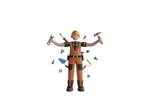 The Handyman. 3D Handyman multitasking with tools. worker or engineer with wrench, screwdriver, hammer and roller in hands isolated icon 3d illustration. png