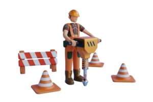 3D road worker man working with power jackhammer. 3d rendering of traffic cone. Construction worker with a handheld hydraulic breaker. 3D Illustration png