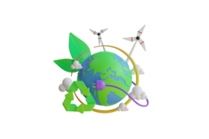 Alternative source of electricity concept with World globe,solar panels,wind turbine and Seedling.smart energy saving,Happy earth day,World environment day,Eco friendly. 3d illustration png