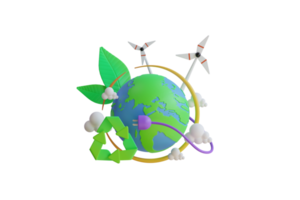 Alternative Quelle von Elektrizität Konzept mit Welt Globus, Sonne Paneele, wind Turbine und Sämling.smart Energie sparen, glücklich Erde Tag, Welt Umgebung Tag, Öko freundlich. 3d Illustration png