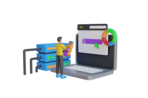 3D Illustration of Searching files in database. Search of documents in business archive. Concept of online database and storage. 3D rendering png