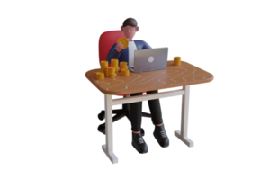 3d illustrazione di uomo d'affari con il computer portatile e enorme pila di oro monete. cartone animato uomo d'affari, riuscito investitore. finanziario consulenza, risparmi concetto. 3d illustrazione png