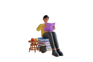 3D Illustration of reading books. boy reading a book. Study and education concept.Exam Preparation.  3d illustration png