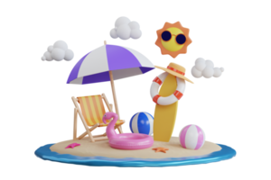 Summer vacation. beautiful summer on tropical beach. Summer and travel vacation concept with beach chair and umbrella. 3d illustration png