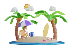 3d interpretazione di estate vacanza concetto.estate vacanza isola su il mare. estate e viaggio vacanza concetto con spiaggia sedia e ombrello. 3d illustrazione png