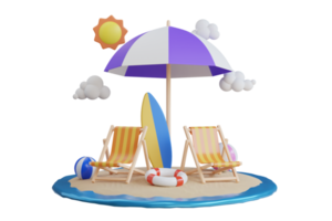 Summer and travel vacation concept with beach chair and umbrella. summer vacation concept. Summertime background. 3d illustration png