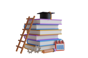 3d ilustração do amontoar do livros para estudando e escada conduzindo para graduação boné. alta pilha do livros e uma escada conduzindo acima para eles. 3d ilustração png
