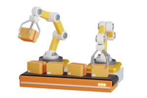 3d illustration av fabrik maskin med transportband och teknik robot ärm sortering gul låda. teknologi av modern industriell tillverkning på automatisk transportband bälte av fabrik linje. png
