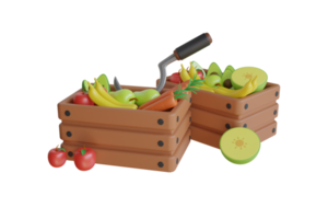 3d ilustración de cosecha frutas vegetales y frutas diferente tipo de almacenamiento. cosecha frutas en un cesta. 3d ilustración