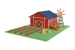 3d illustration de une ferme village. rural ferme bâtiments, moulin à vent et Grange. 3d illustration de carotte champ png