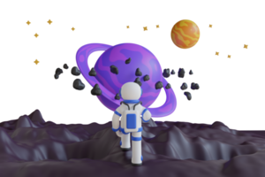 3d illustration de astronaute à la recherche à une planète avec une violet planète dans le Contexte. astronaute étranger explorer cosmos, espace mission png