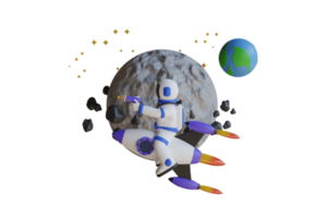 3d illustration av astronaut ridning raket i Plats. ett astronaut ridning en raket i främre av en måne med de jord på Det. 3d illustration png