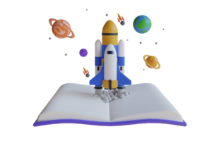 3d illustration de fusée lancement sur Haut de une livre. une livre avec une fusée sur il. astronomie science et éducation png