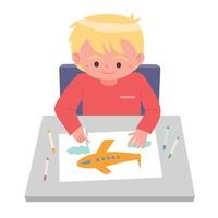 pequeño chico sentado a mesa y dibujo imagen dibujos animados vector