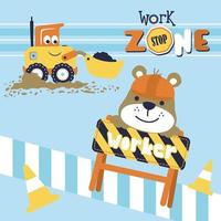 Funny bear with smiling construction vehicle, vector cartoon illustration