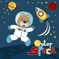 funny bear in astronaut costume in space with space elements, vector cartoon illustration