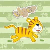 Funny tiger run on striped background, vector cartoon