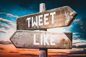 Tweet, Like - Wooden Signpost with Two Arrows, Sunset Sky in Background photo