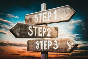 Step 1, 2, 3 - Wooden Signpost with Three Arrows, Sunset Sky in Background photo