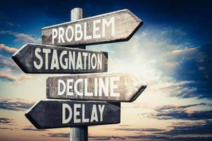 Problem, Stagnation, Decline, Delay - Wooden Signpost with Four Arrows, Sunset Sky in Background photo