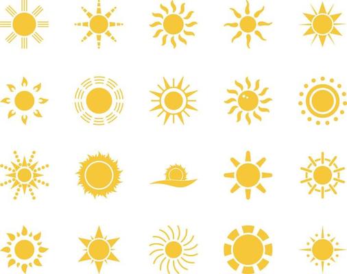 sun. Summer time icon set. Set of yellow icons of the sun, isolated on white background .