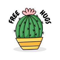 Cute cartoon cactus in pot. Free hugs phrase. Isolated vector illustration on white background.