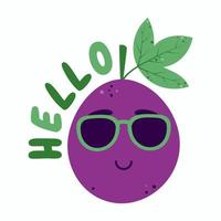 Happy kawaii passion fruit in sunglasses with the inscription hello. Cartoon mascot fruit character. Isolated vector illustration on white background.