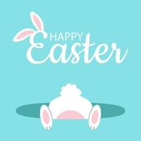Cute white little rabbit in hole. Happy easter lettering text with bunny ears. Cartoon vector illustration.