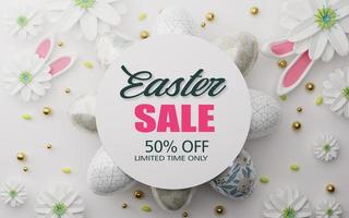 Easter sale banner design. Easter sale text up to 50percent off promotion with 3d realistic bunny and eggs for seasonal shop discount advertisement. 3d rendering. photo