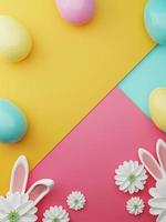 Easter colorful decorated Color Painted Egg, Spring Flower and Rabbit Ears on Colorful Background. Minimal easter concept. Happy Easter card with copy space for text. 3d rendering. photo