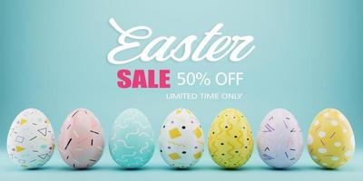 Easter sale banner design. Easter sale text up to 50percent off promotion with 3d realistic eggs for seasonal shop discount advertisement. 3d rendering. photo