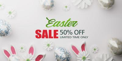 Easter sale banner design. Easter sale text up to 50percent off promotion with 3d realistic bunny and eggs for seasonal shop discount advertisement. 3d rendering. photo