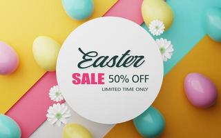 Easter Sale Illustration with Color Painted Egg, Spring Flower on Colorful Background. Holiday Design Template for Coupon, Banner, Voucher or Promotional Poster. 3d rendering. photo