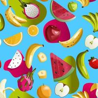 Fashion Girlish funny wallpapers. Seamless pattern with banana, apple, watermelon, dragon fruit, and orange on blue background. vector