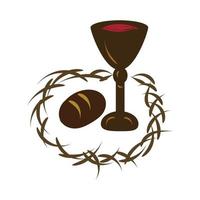 Holy Week. Christian Easter icon symbols. palm branch, cross of Jesus Christ, crown of thorns, bowl and bread, crucified palms. vector illustration