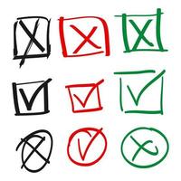 Doodle check mark and cross mark icon set. Tick symbol. checklist signs. vector illustration