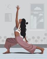 Yogi girl doing yoga at home online stands in a pose stretching vector