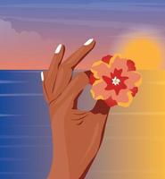 Digital illustration of tanned brush hand holding flower bud at gentle bright sunset vector