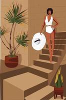 Digital illustration of a girl model in summer on vacation posing in a white bikini on the steps for a photo among the palm trees at the villa vector