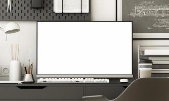 lugar de trabajo. escritorio aislado blanco pantalla con planta y oficina equipo con teclado, ratón y ordenador portátil. 3d representación