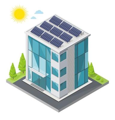 Office isometric Work Station Glass Building with solar palnels for save energy ecology concept top view out door isolated illustration cartoon cityscape