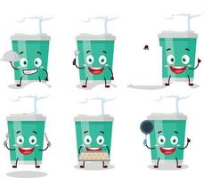 dibujos animados personaje de soda botella con varios cocinero emoticones vector