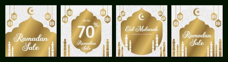 set of golden Ramadan sale social media posts and printable promotion card vector