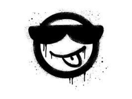 sonriente cara y lengua fuera emoticon personaje con Gafas de sol. rociar pintado pintada sonrisa cara en negro terminado blanco. aislado en blanco antecedentes. vector ilustración