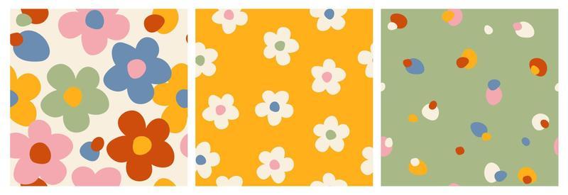 Y2K daisy flowers seamless pattern in groovy retro funky style. Simple shaped flowers vector background. Cozy vintage fabric print, textile, home deco.