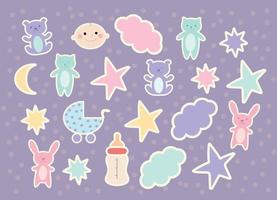 Baby sticker pack. Cute teddy bears, bunnies, cats, stroller, bottle, clouds and stars stickers. Vector art