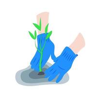 manos en jardinería guantes son plantando brote, puntilla, disparar, árbol, Busch. jardín trabajar, planta de semillero, salvar el planeta concepto. vector plano ilustración.